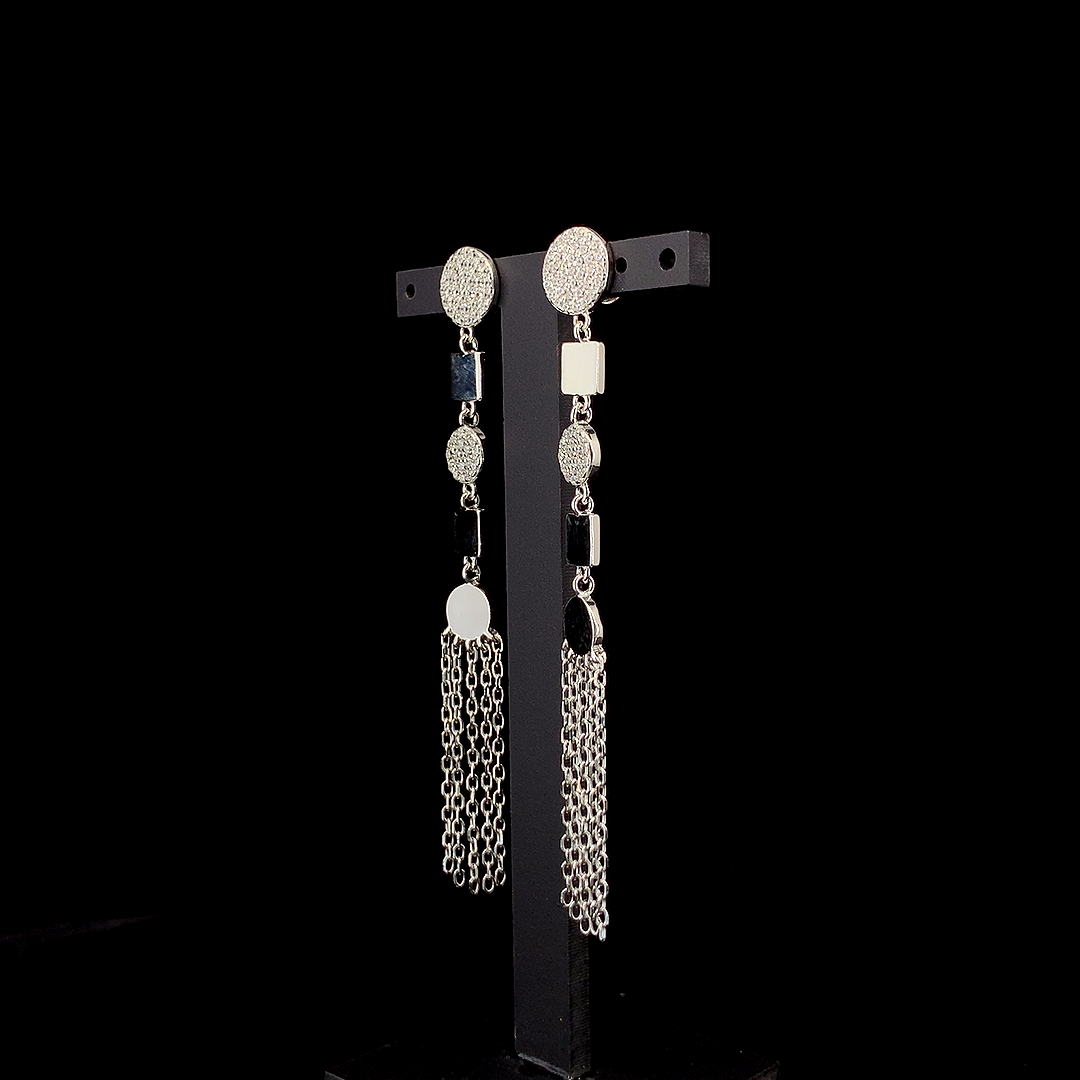 Zylver Geometric Dangle Earrings with Chain Tassels for Women - Sterling Silver Collection