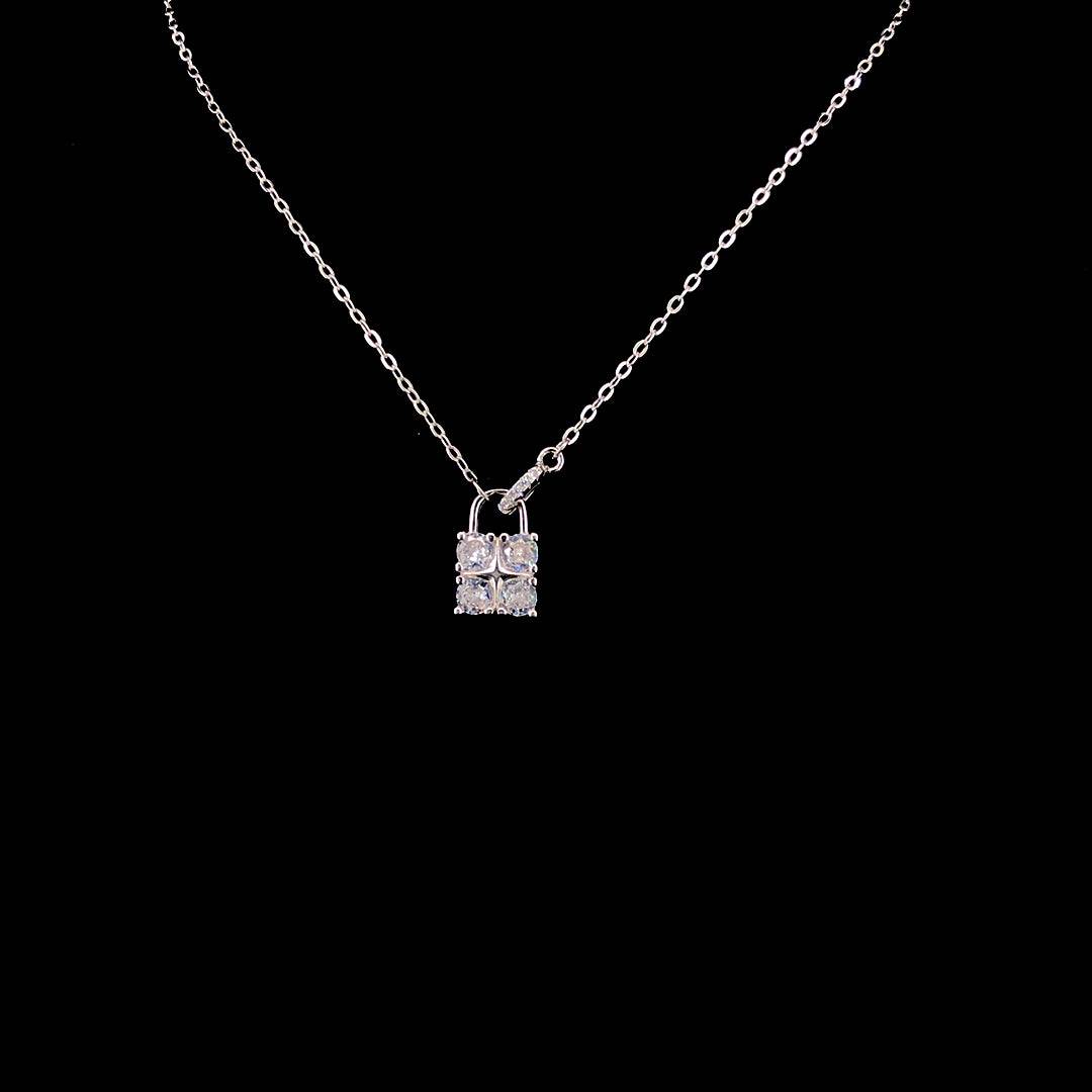 Sterling Silver Zircon Lock Pendant Necklace - ZYLVER.IN #