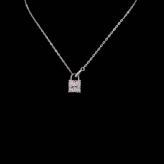 Sterling Silver Zircon Lock Pendant Necklace - ZYLVER.IN #