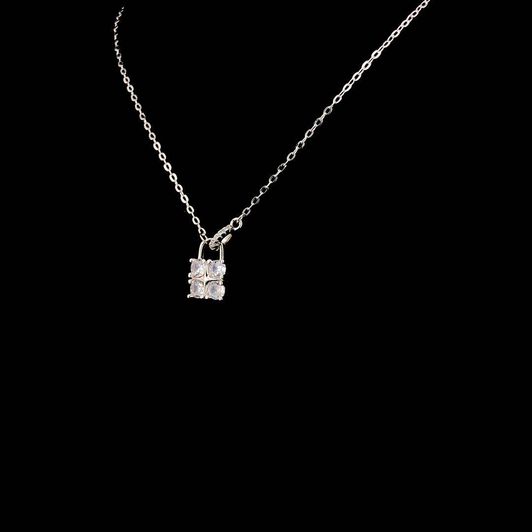 Sterling Silver Zircon Lock Pendant Necklace - ZYLVER.IN #