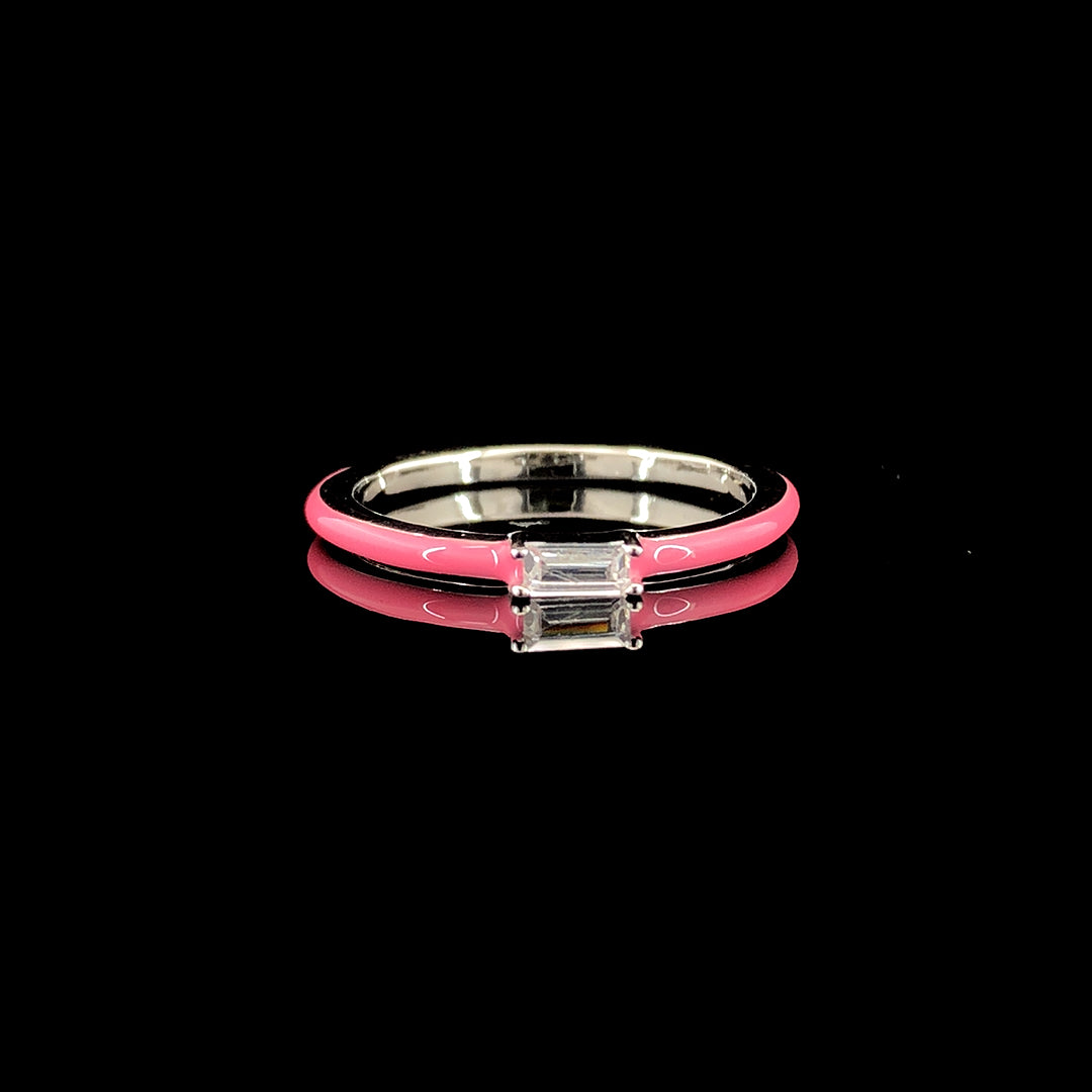 Zylver Pink Enameled Baguette Ring for Women - Sterling Silver Collection