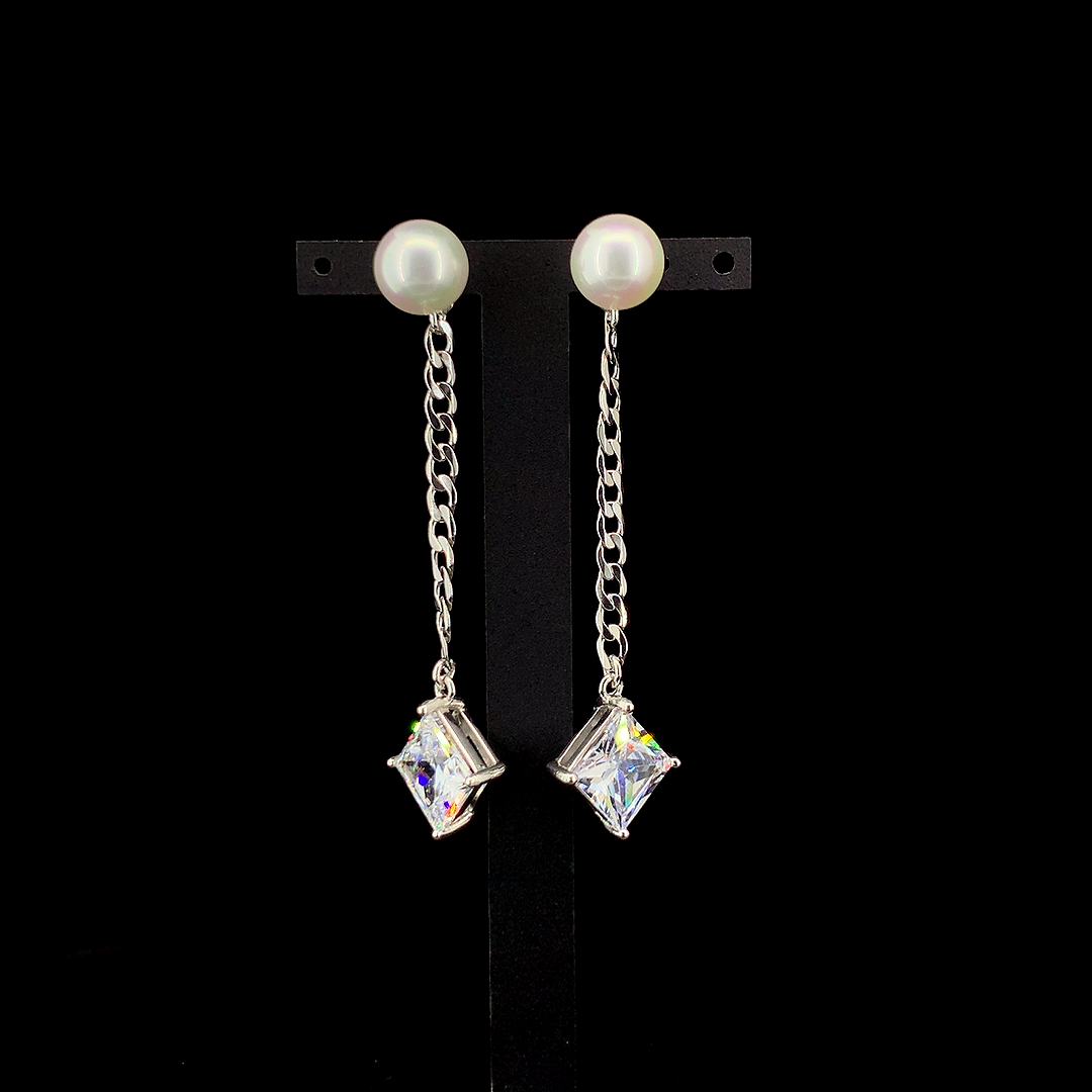 Zylver Pearl and Chain Drop Earrings with Zircon for Women - Sterling Silver Collection