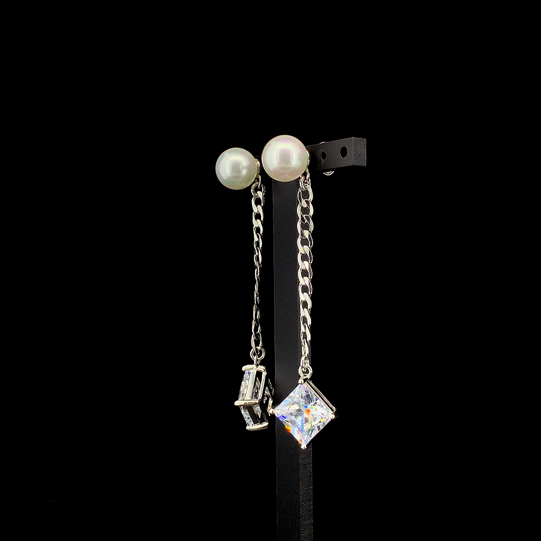 Zylver Pearl and Chain Drop Earrings with Zircon for Women - Sterling Silver Collection