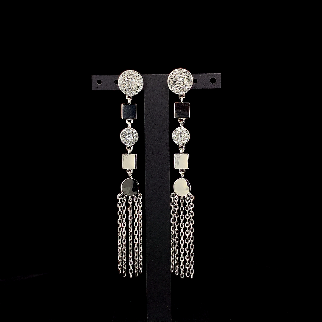 Zylver Geometric Dangle Earrings with Chain Tassels for Women - Sterling Silver Collection