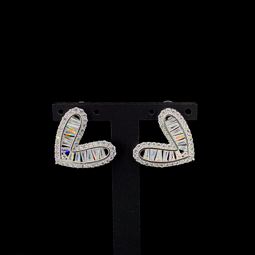 Zylver Heart Stud Earrings with Baguette Zirconia for Women - Sterling Silver Collection