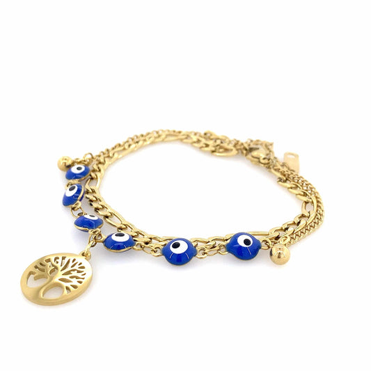 Zylver Tree of Life Bracelet with Blue Evil Eye Charms for Women - Gold Plated Collection