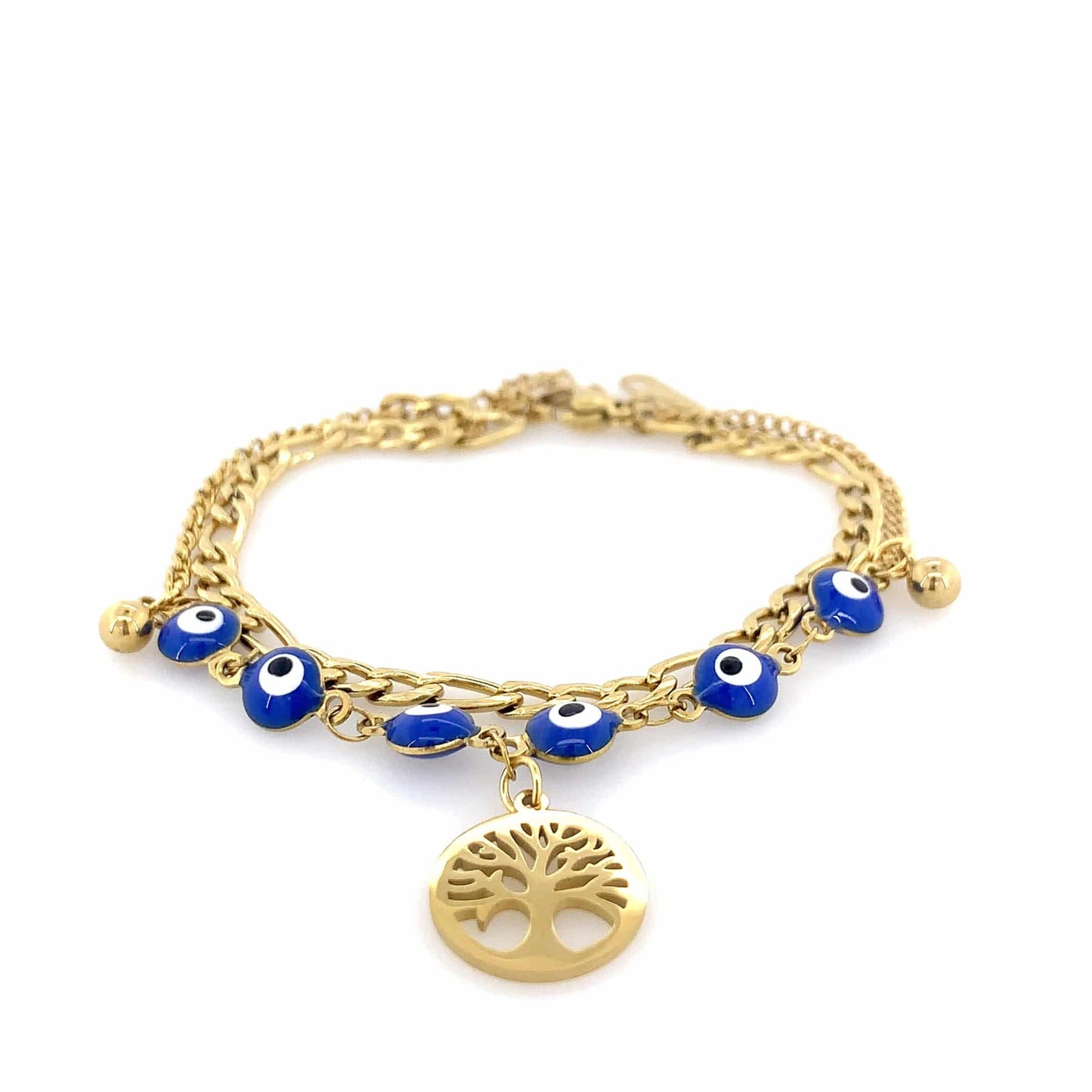 Zylver Tree of Life Bracelet with Blue Evil Eye Charms for Women - Gold Plated Collection