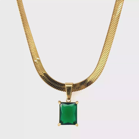 Zylver Herringbone Necklace with Green Gem for Women - Demi-Fine Collection