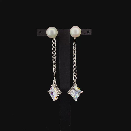 Zylver Pearl and Chain Drop Earrings with Zircon for Women - Sterling Silver Collection